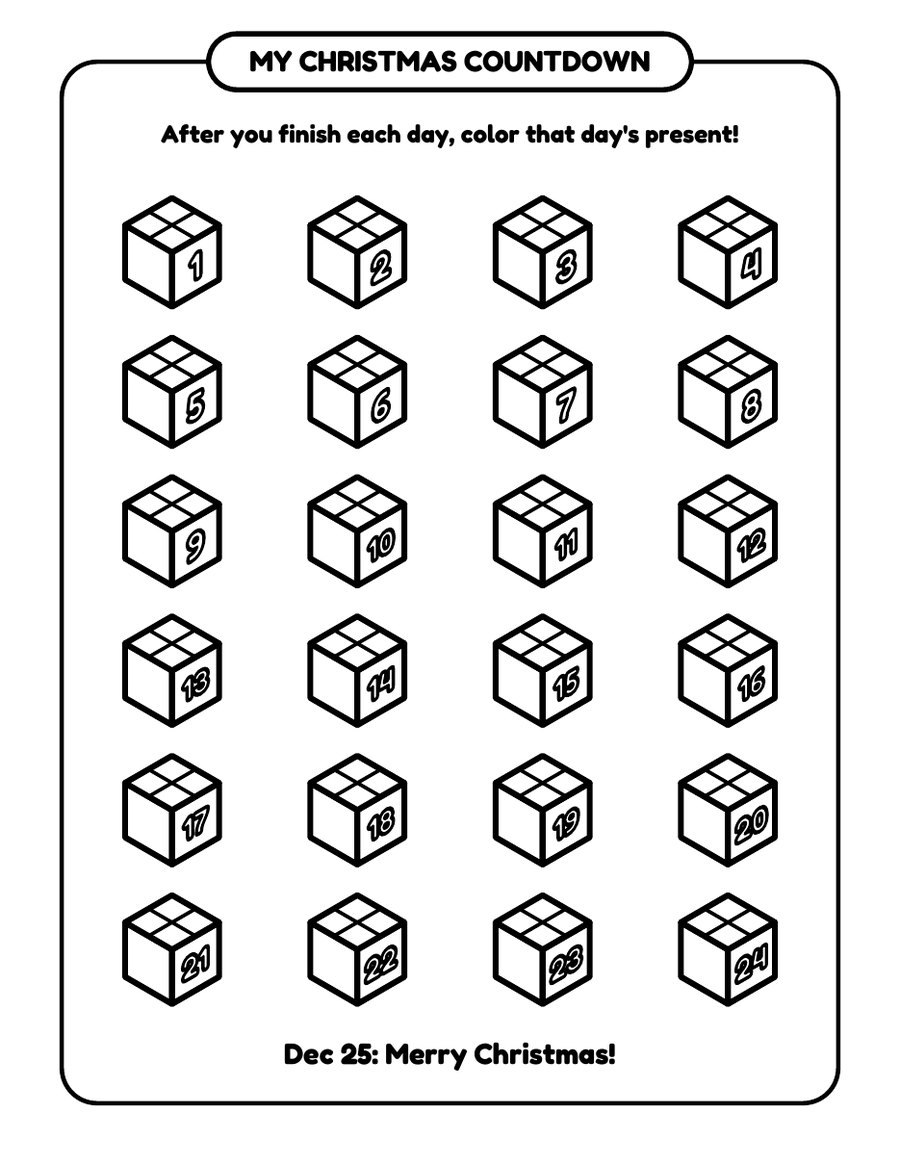 Sample page from 3D Christmas Countdown: a countdown calendar with 24 gift boxes, one to color each evening from December 1st to 24th