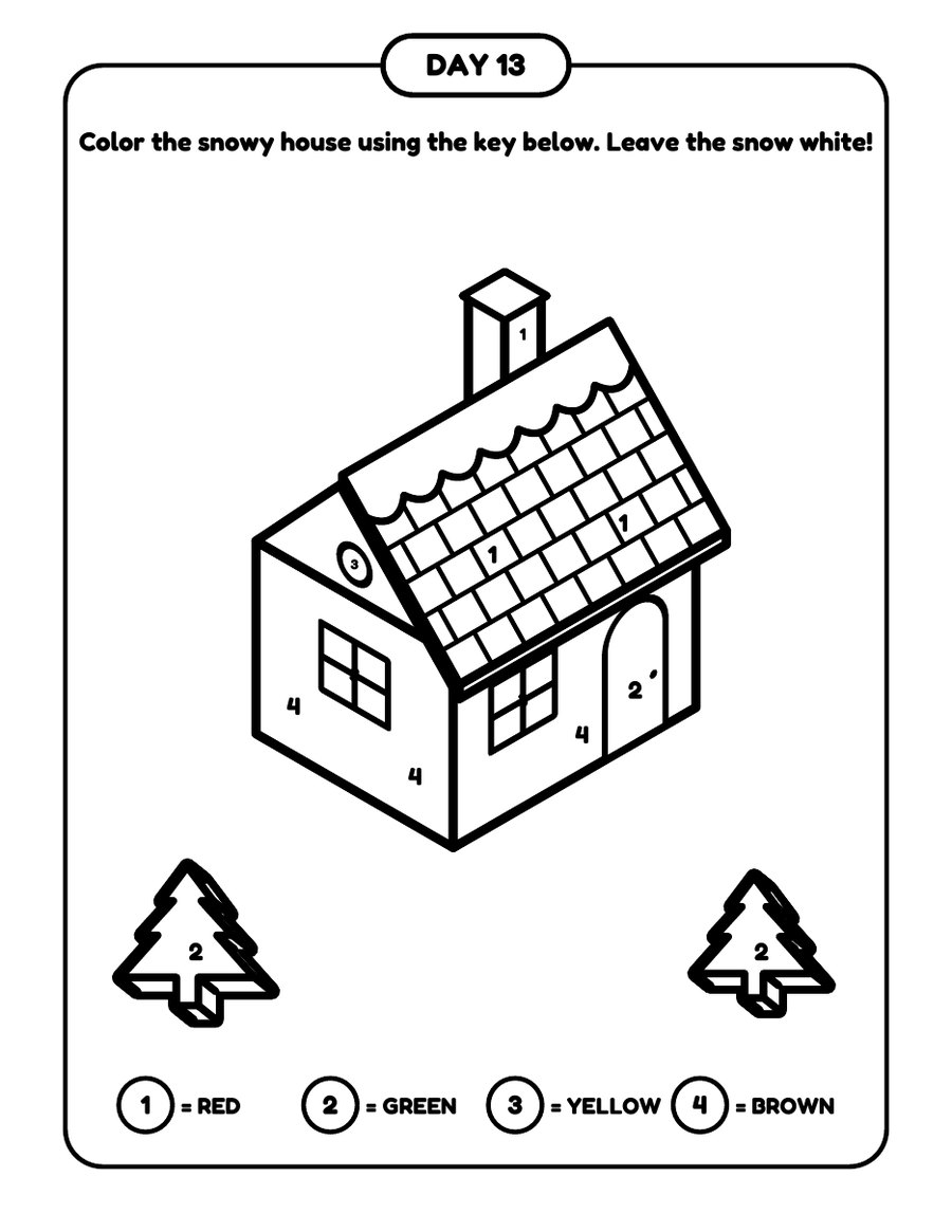 Sample page for Day 13 of 3D Christmas Countdown: a color-by-number snowy house with a tiled roof, a chimney and Christmas trees