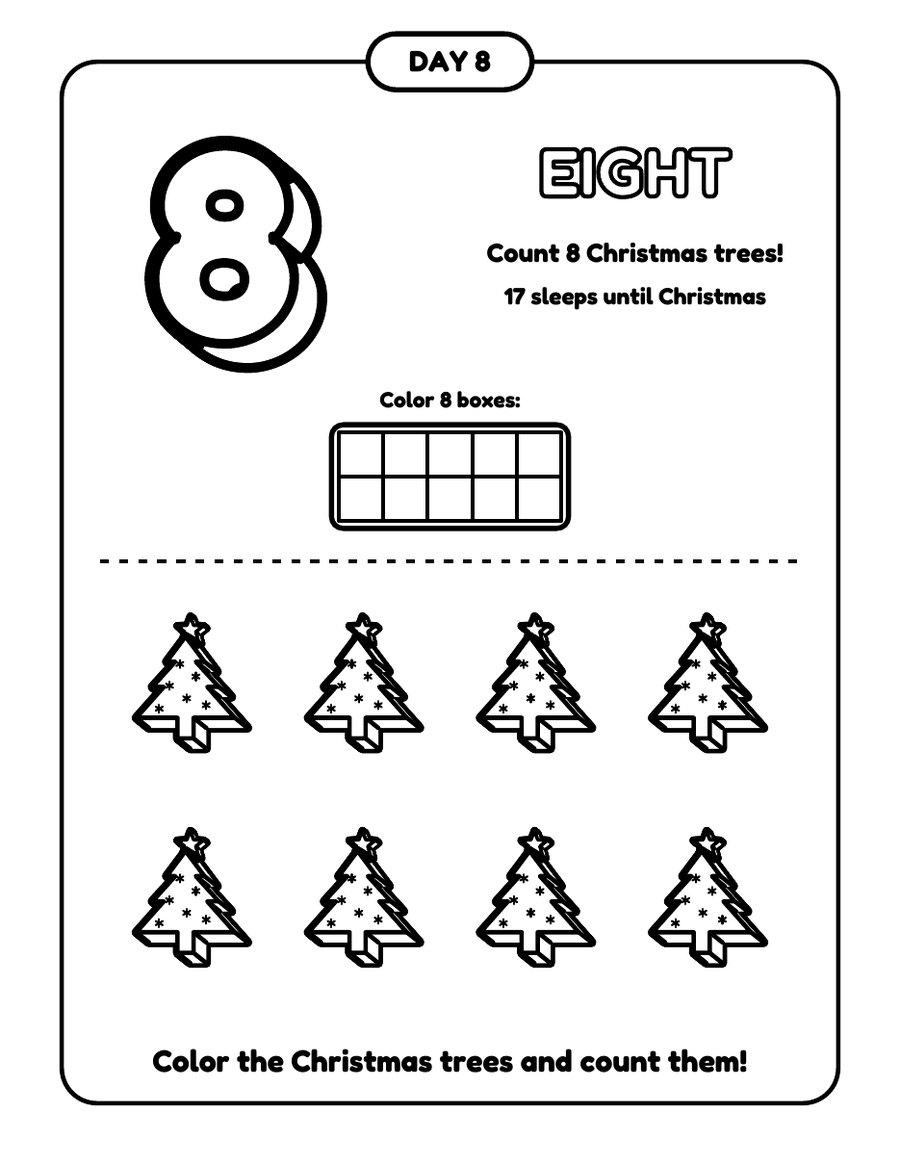 Sample page for Day 8 of 3D Christmas Countdown: a big 3D number 8 with the word EIGHT, a ten frame and eight Christmas trees to count and color