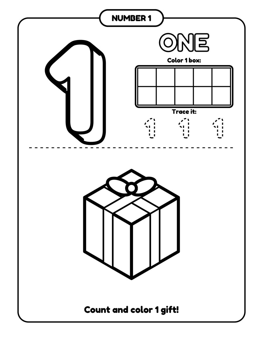 Number 1 page with ten frame, tracing and a 3D gift box to color